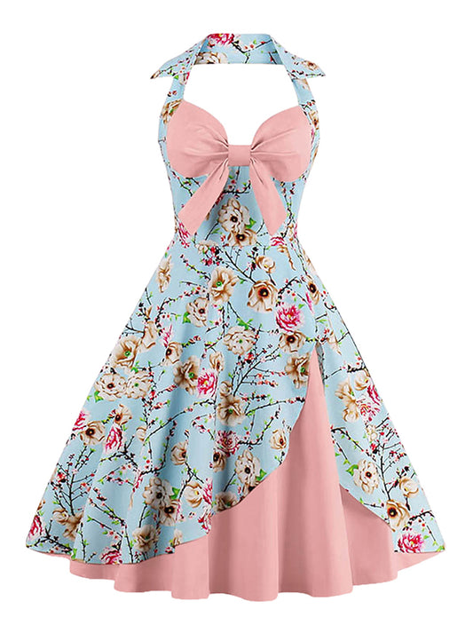 50s 60s Summer Spring Floral Print Halter Bridesmaid Cocktail Dress