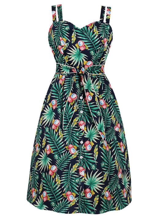 Women's Vintage 1950 Spaghetti Strap Printed Holiday Casual Dress