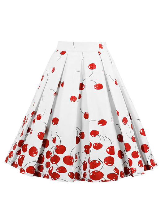 Vintage Retro Casual Knee Length High Waisted A-Line Cherry Print Pleated Flare Skirt