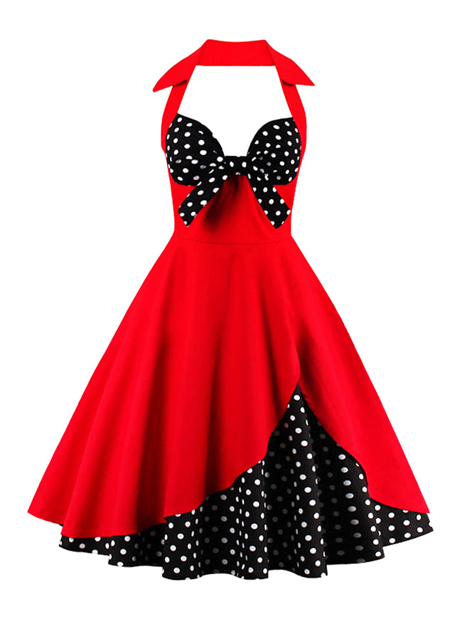 Vintage Inspired Collared Swing Dress in Red & White Polka Dots