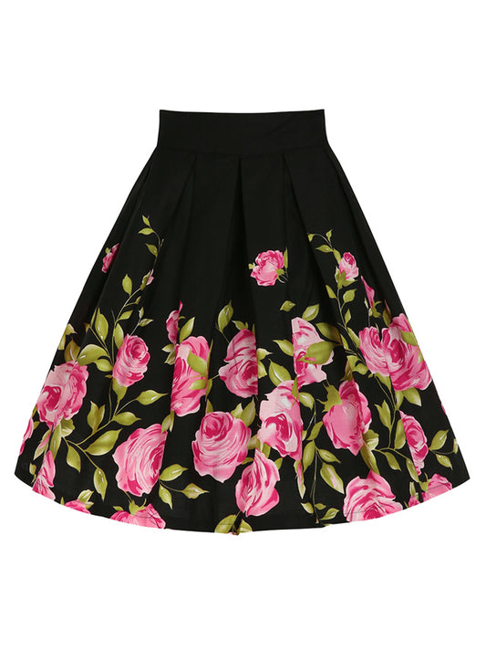 Vintage High Waist Rose Floral Print A Line Skater Midi Skirt with Patterns