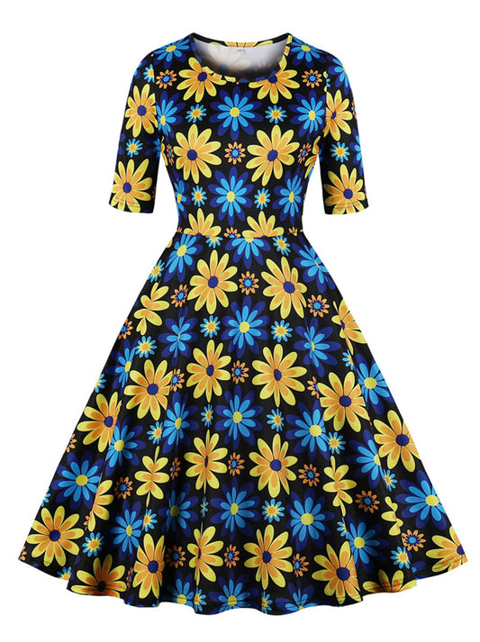 Vintage 1950s Floral Half Sleeve Round Neck Knee Length Cocktail Swing Dress