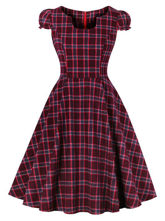 Vintage Plaid Short Sleeves Swing Cocktail Christmas Dress Main View