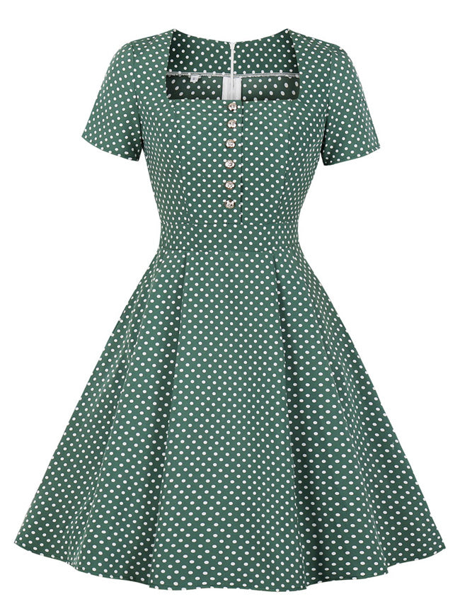 Retro Polka Dot Printed Short Sleeve Square Neck Button Up Cocktail Tea Dress