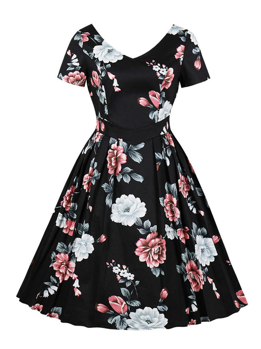 Short Sleeve V-Neck Vintage Floral Printed Cocktail Dress