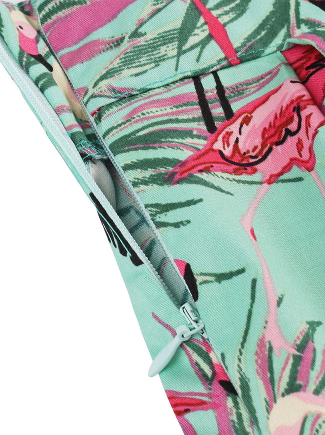 Knee Length Flamingo Leaf Print Casual Flare Pleated Skirt