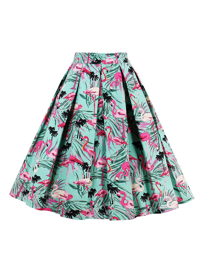 Knee Length Flamingo Leaf Print Casual Flare Pleated Skirt