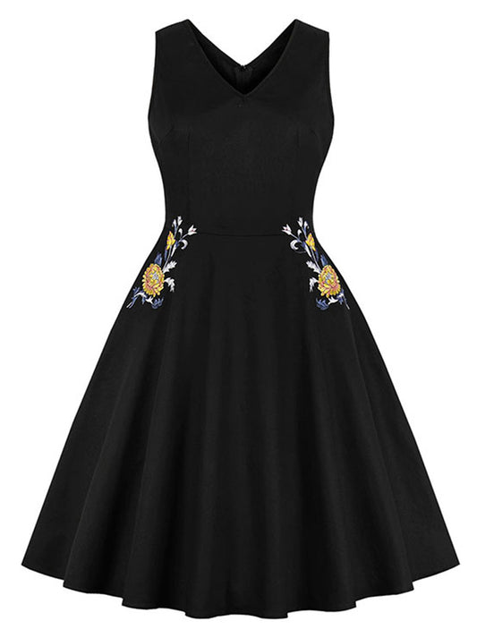 Elegant Vintage V-Neck Floral Backless Cocktail Swing Dress