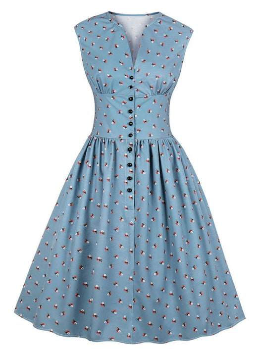 Women's 1950s Vintage Floral Printed V Neck Sleeveless Swing Dress