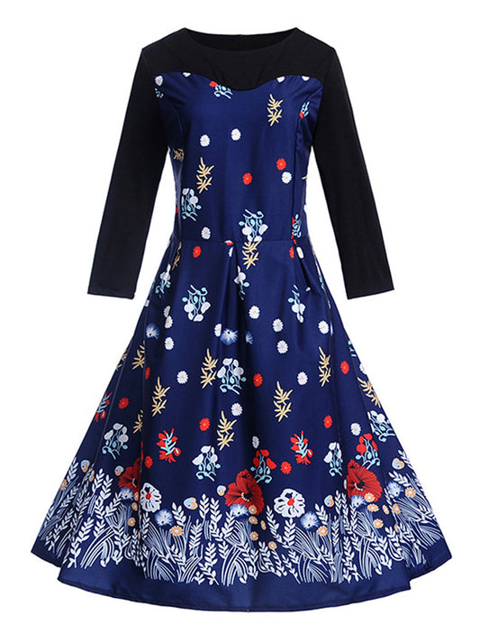 Vintage Floral Patchwork Round Neck Long Sleeves Swing Casual Party Tea Dress Main View