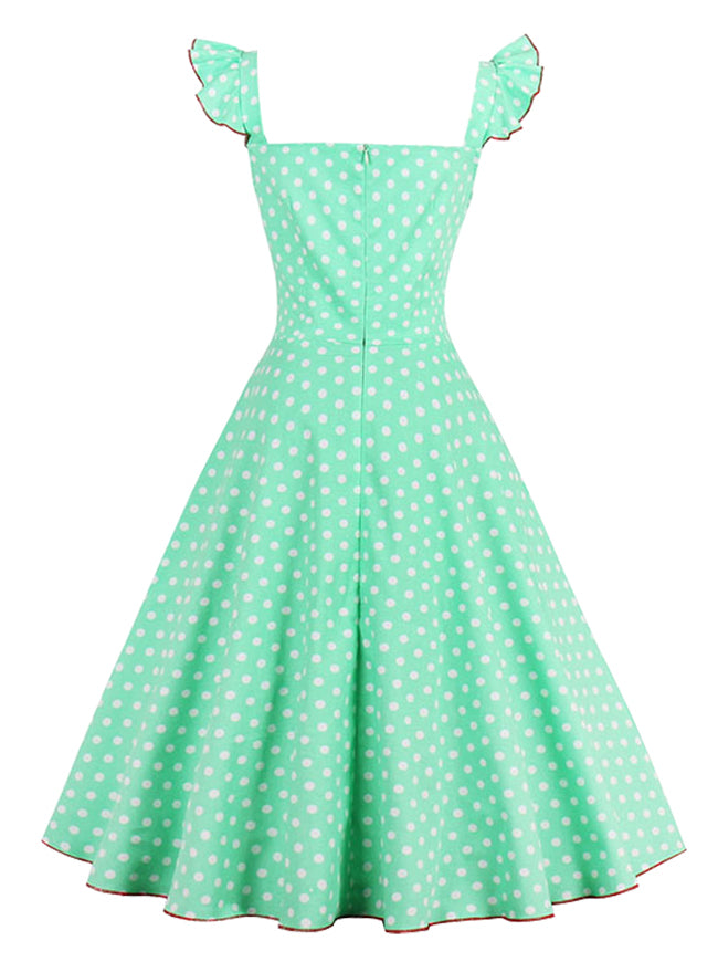 Elegant Ruffle Cap Sleeve Polka Dot Printed Summer Beach Dress for Girl Back View