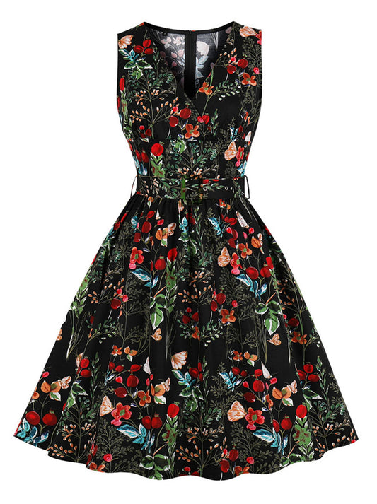 Sleeveless V-Neck Vintage Printed Casual Swing Tea Dress with Belt