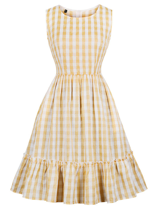 Vintage Rockabilly Plaid Sleeveless Ruffled Summer Dress with Pocket