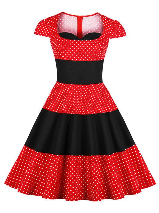 Vintage 1950s Polka Dots Printed Patchwork Christmas Dress