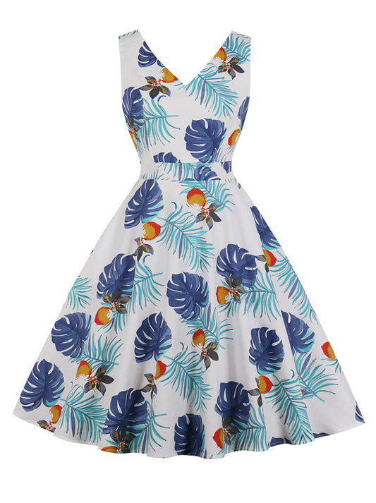 Elegant V-Neck Sleeveless Floral Printed Homecoming Swing Dress