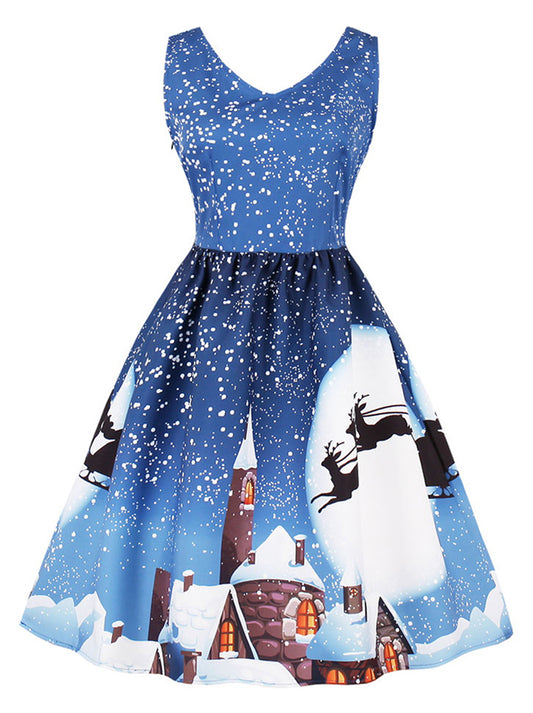 V-Neck Sleeveless Reindeer Printed Vintage Swing Dress for Christmas Party