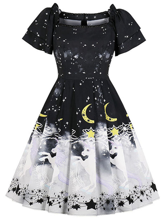 Vintage Short Sleeves Unicorn Pattern Printed Swing Dresses Main View