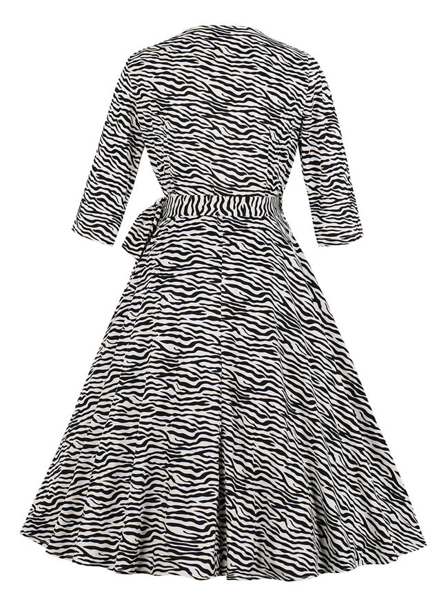 Vintage Style 3/4 Sleeve Empire Waist Print Midi Black A-Line Casual Dress Back View