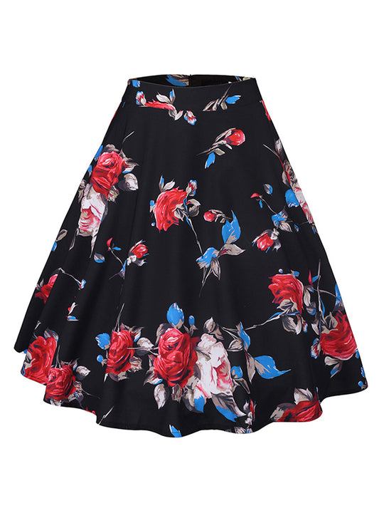 High Waist Vintage Rose Floral Print A Line Knee Length Skirt